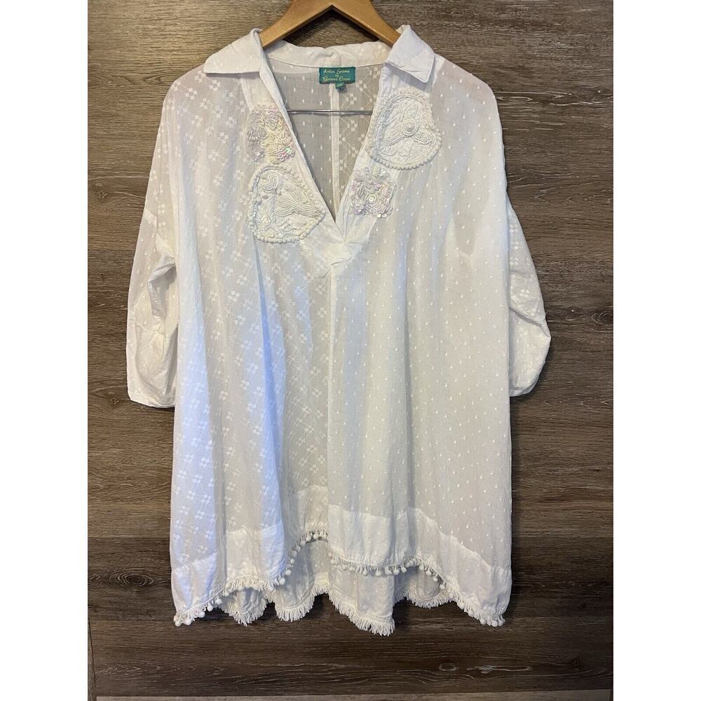 Antica Sartoria White Tunic embroidered floral Sequin romantic festival lace